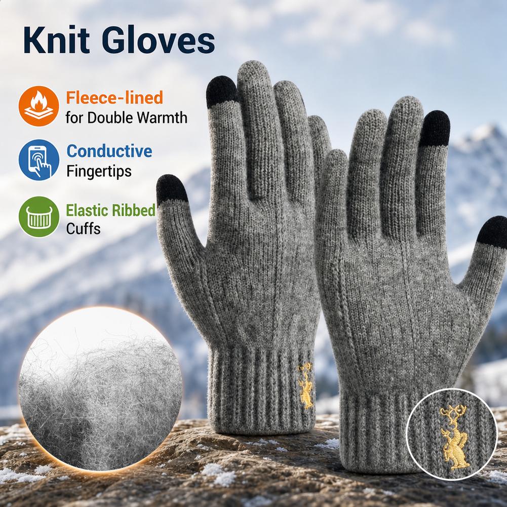Wool Glove Lined - 겨울용 니트 장갑, 터치스크린 기능, 플리스